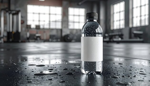 Hydration product shot on a wet, black gym mat with fitness equipment and windows in the background