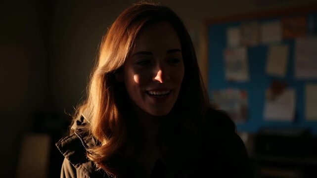 warm portrait of teacher smiling kindly in classroom with their face turned to right