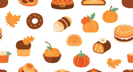 Seamless autumn harvest food celebration pattern cute flat icons festive delights vector