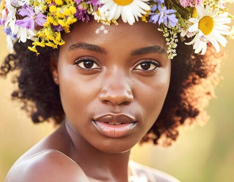 A close-up of a Black woman with a floral crown, gazing directly at the viewer. Natural light softly illuminates her face and the colorful flowers - Powered by Adobe