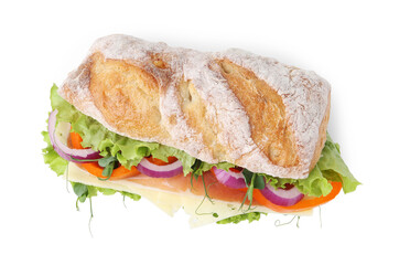 Delicious ciabatta sandwich with prosciutto, cheese and vegetables isolated on white, above view