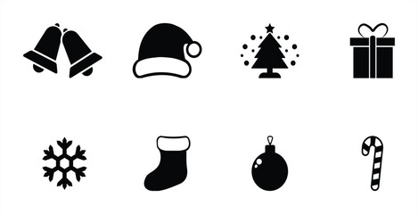 Christmas Icon Set in Black Silhouette Style with Tree, Gift, Bell, Hat, Sock, Snowflake, Ornament, and Candy Cane Symbols