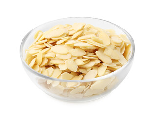 Fresh almond flakes in bowl isolated on white