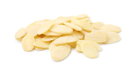 Pile of fresh almond flakes isolated on white
