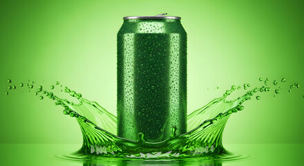 Refreshing green beverage can with dynamic liquid splash and condensation on vibrant background