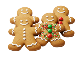 Four cheerful golden-brown gingerbread women cookies with white icing smiles and festive decorations, isolated on a transparent background with copy space, soft light. Festive Christmas treats.