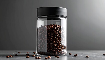 A clear glass jar, topped with a black lid, is filled to capacity with roasted coffee beans. Several beans rest on a grey surface