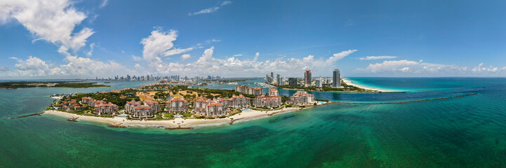 Panorama of Miami Beach skyline. Drone shot of Miami Beach cityscape. Top view of South Miami Beach...