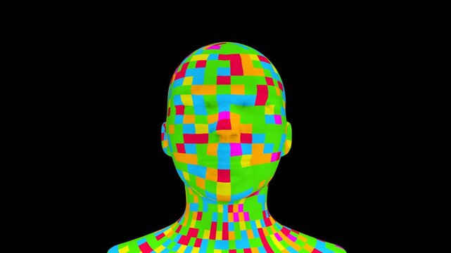 Human bust made of animated pixels moving closer and farther from camera on black background, seamless looped 3D digital art animation for technology, AI and futuristic projects.