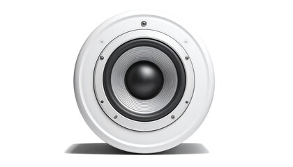 A close-up shot presents a round, white speaker with a central black dome and metallic detailing, isolated on a white backdrop
