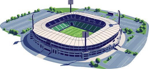 Detailed vector illustration of a modern football stadium viewed from above in isometric perspective. Features green field, bright seats, floodlights, trees, and parking area. Perfect for sports, arch