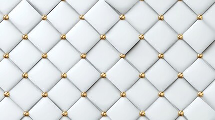 Obraz premium White Tufted Leather Background with Gold Buttons - Luxurious Texture for Interior Design, Furniture, or Upholstery with Diamond Pattern
