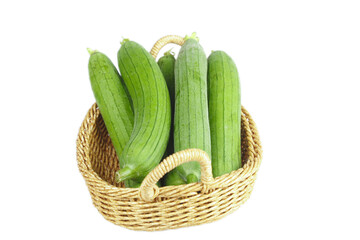 Fresh Silk Melon Vegetables in Wicker Basket - Shandong Long Green Gourds for Healthy Cooking