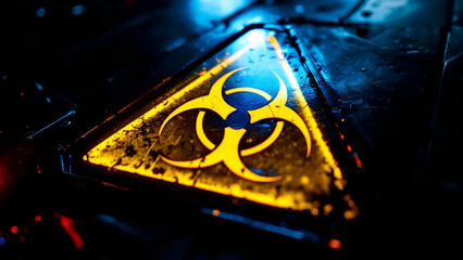 Glowing Biohazard Symbol on Metallic Surface