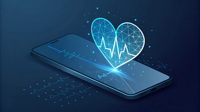 Smartphone mock up displaying a digital heart rate monitor graphic, showcasing health technology innovation with a sleek design and modern interface for medical applications