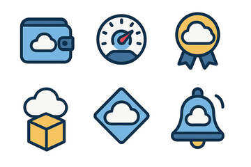Cloud service icons featuring wallet, speed gauge, medal, box, and notification bell