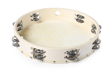One tambourine isolated on white. Musical instrument