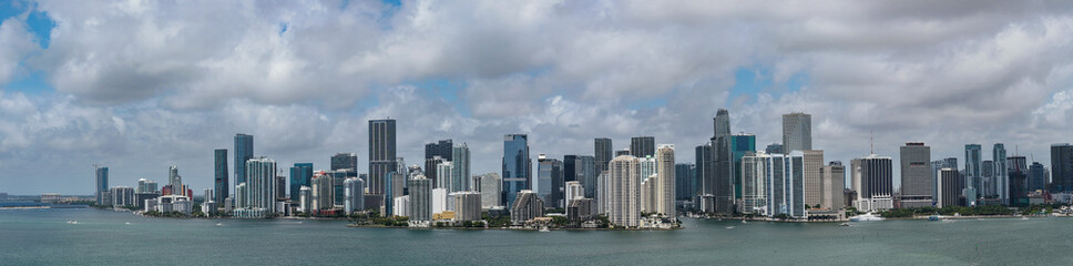 Panoramic view of Miami skyline. Panoramic cityscape of Brickell Miami. Skyscrapers of Brickell....