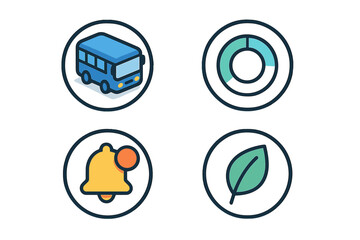 Four colorful isometric icons for transport, data analysis, alerts, and environment