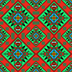 Traditional Geometric Tribal Pattern in Red Green and Blue