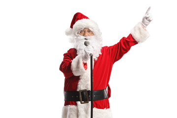 Santa claus with a microphone singing and pointing