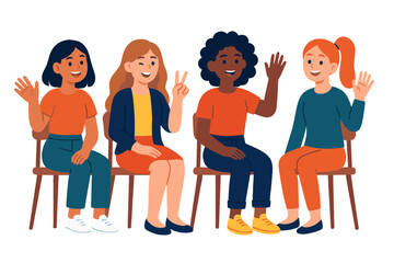 Obraz premium Diverse group of smiling women sitting side by side on chairs waving and showing peace sign