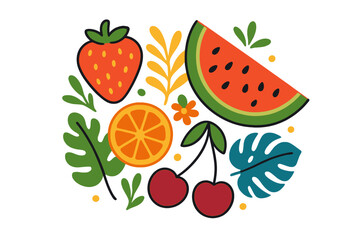Vibrant summer fruit and tropical foliage arrangement featuring strawberry watermelon orange and cherries