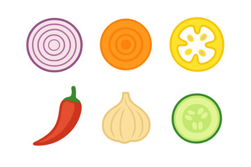 Fresh cooking ingredients set with sliced onion carrot cucumber pepper and garlic bulb