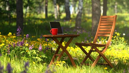 Naklejka premium Outdoor Workspace in a Sunny Meadow.