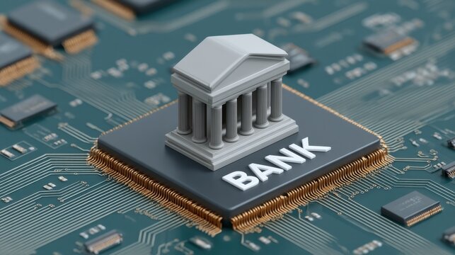 Digital banking concept with a bank building on a microchip, representing finance technology integration and innovation in modern banking systems