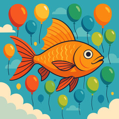 Fototapeta premium Colorful goldfish swimming among vibrant balloons in a blue sky