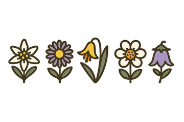 Colorful vintage style set of five alpine and meadow flower icons on white