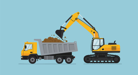 Naklejka premium A powerful yellow excavator efficiently loads a large grey dump truck with brown earth, symbolizing productive heavy construction and earthmoving work on site.