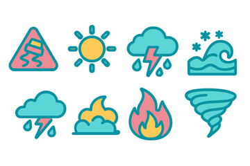 Colorful collection of natural hazard and meteorological condition symbols and icons