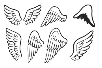 Collection of hand drawn doodle wings in various shapes and black line art styles