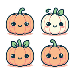 Adorable Kawaii Pumpkins in Soft Green and Peach Pastel Colors Vector Collection