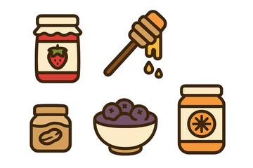 Sweet breakfast spreads collection featuring strawberry jam, peanut butter, dripping honey, and fresh blueberries