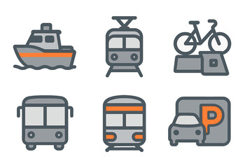 Set of public and private transportation icons covering road, rail, and water transit modes