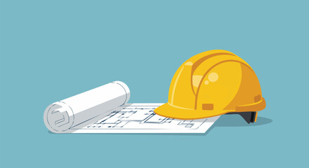A construction blueprint with a yellow safety helmet, illustrating architectural plans and building design for a new project with a focus on safety.
