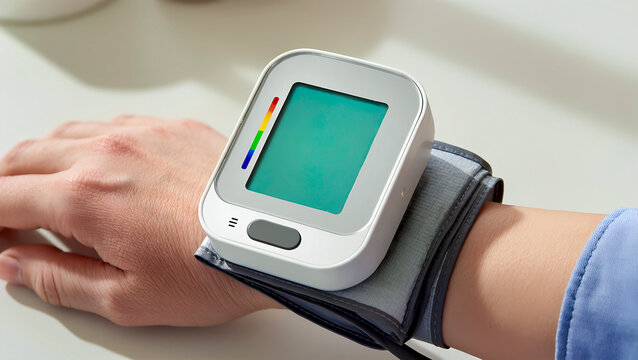 Close-up of an electronic tonometer worn on the wrist to measure blood pressure.