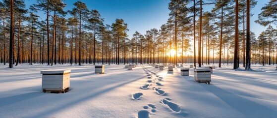 Sunrise over snowy forest beekeeping site with hives and footprints leading through fresh, untouched snow in a wintry landscape