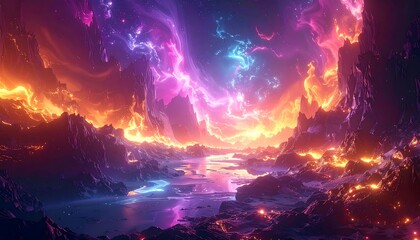 A celestial landscape featuring vibrant nebulae above a reflective body of water, with rocky peaks lining both sides. Intense colors dominate