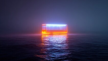 Illuminated rectangular structure hovering over rippled water, reflecting vibrant neon colors