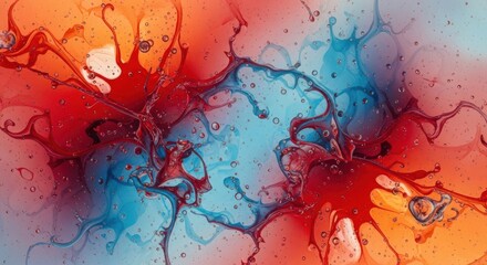 Vibrant abstract swirls of red blue and orange paint create dynamic organic forms
