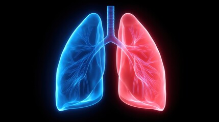 Anatomical Illustration of Human Lungs in Bright Blue and Red Colors Representing Healthy and Diseased Conditions with Veins and Bronchi