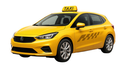 Compact hatchback taxi featuring a rooftop sign and side graphics.