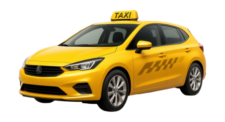 Compact hatchback taxi featuring a rooftop sign and side graphics.