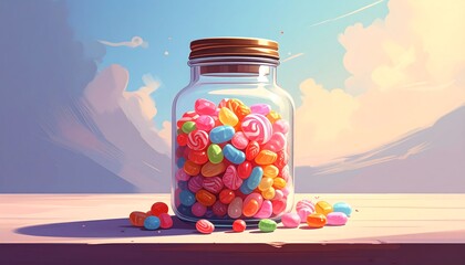 A clear jar overflowing with assorted candies on a wooden surface. The background features a soft, pastel sky