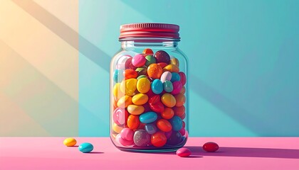 A clear jar filled with vibrant, multi-colored candies stands on a pink surface against a soft-blue backdrop with a subtle light effect