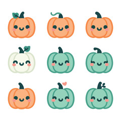 Cartoon Pumpkin Vector Icons in Cream and Mint Pastel Tones for Halloween Decor